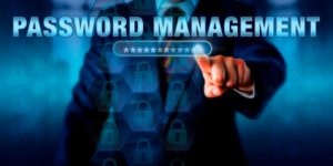 Man wearing suit with finger pointed at Encrypted password with words "Password Management" - Contact IT Services Brisbane today